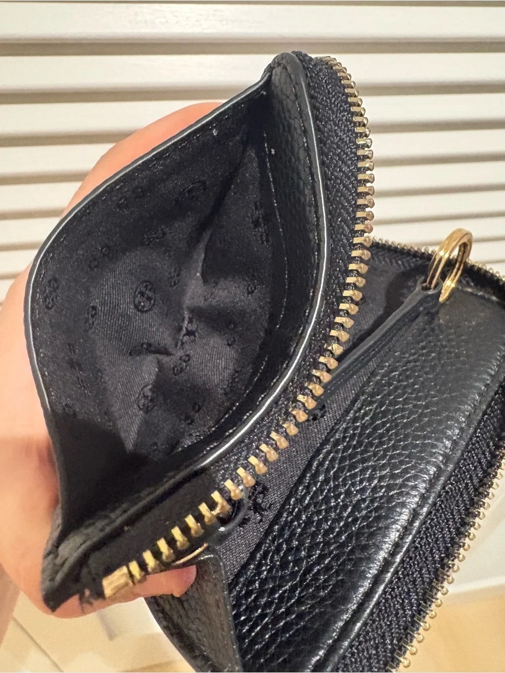Tory Burch Black Pebbled Leather Zip Card Wallet with Gold Logo
